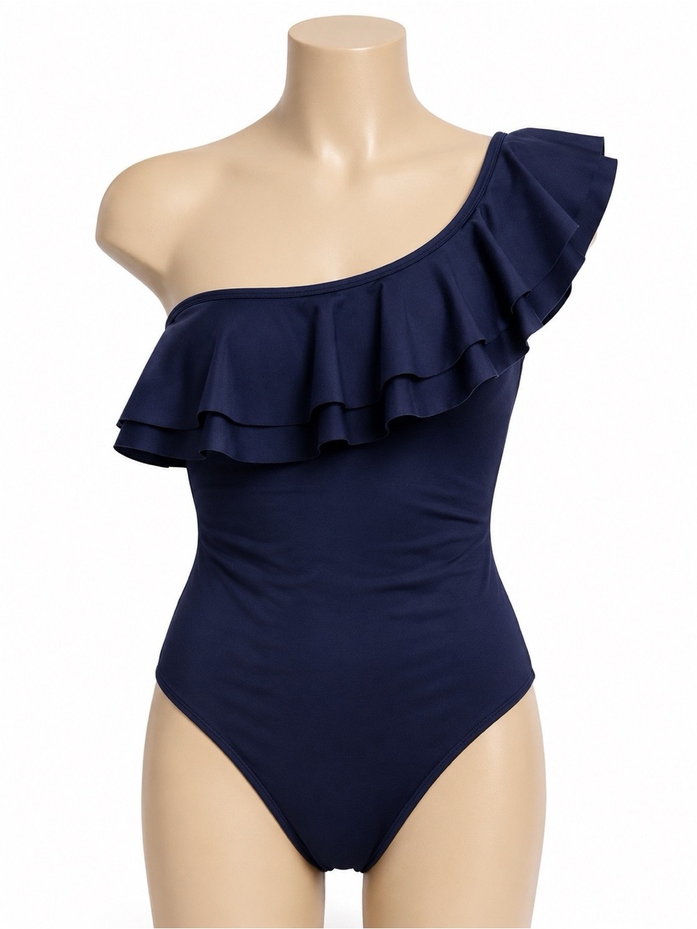 One-Shoulder Ruffle One-Piece Swimsuit - Navy - M